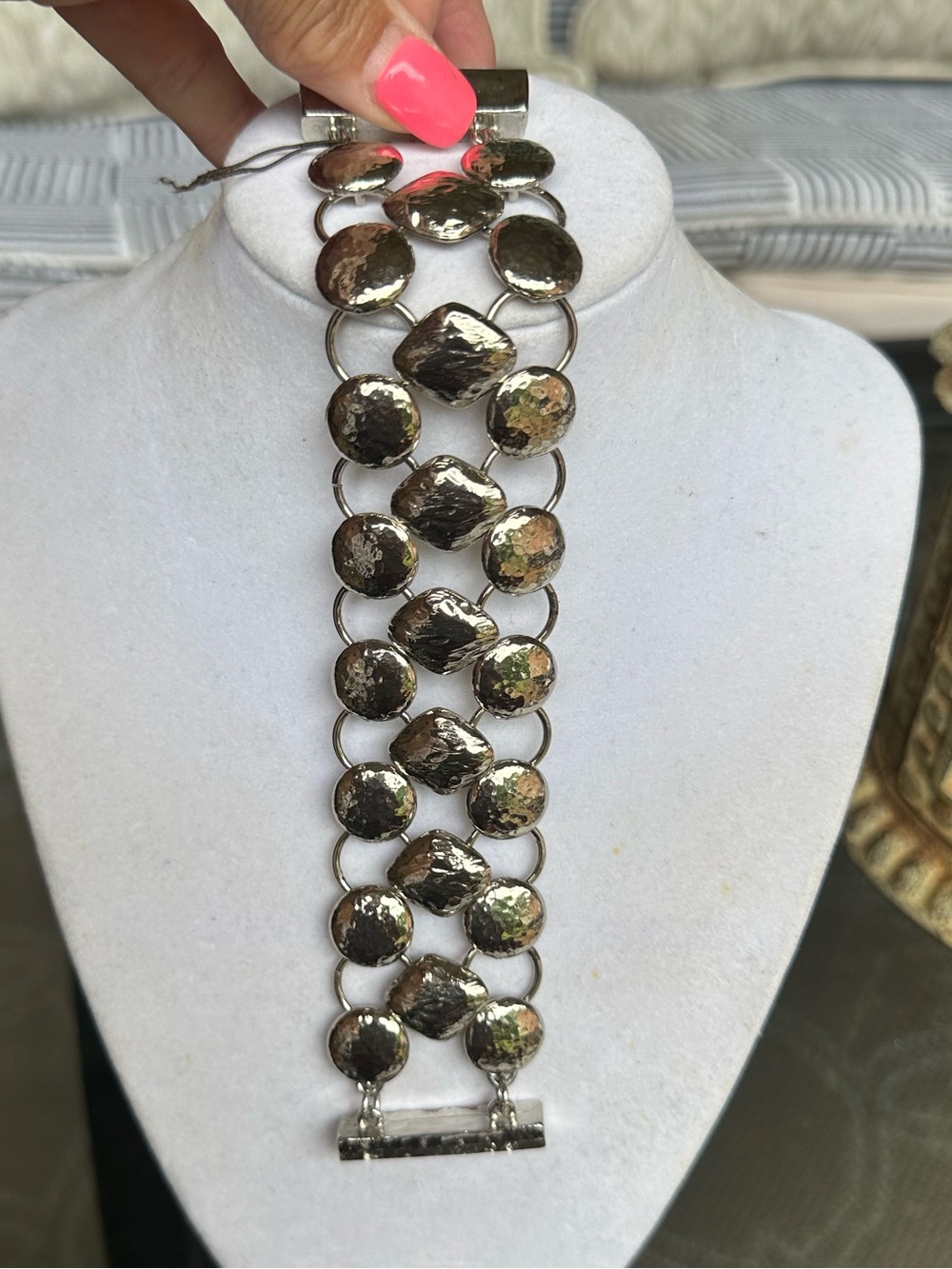 Chico’s Silver Tone Hammered Magnetic Closure Statement Bracelet NWOT